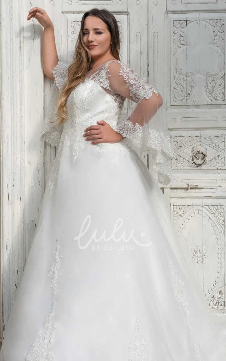 Tulle Bateau Long Sleeve Wedding Dress Romantic A Line Floor-Length Appliqued Bridal Gown