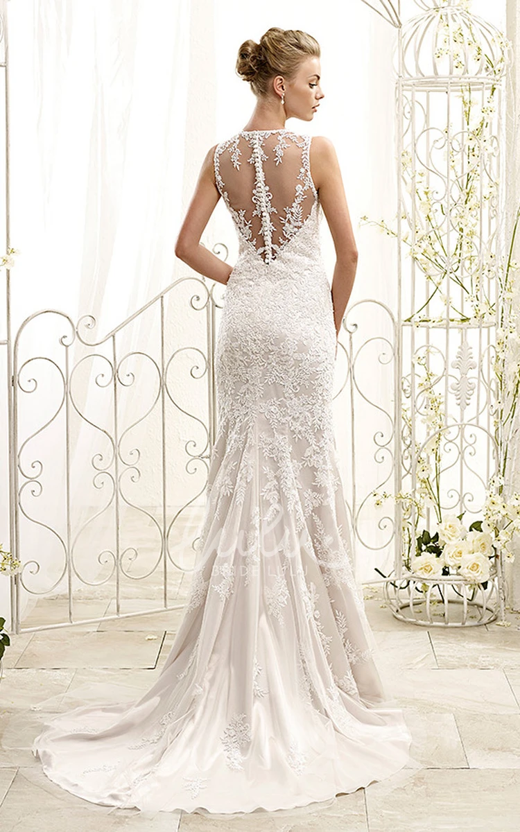 Lace High Neck Sleeveless Sheath Wedding Dress with Appliques Elegant Bridal Gown