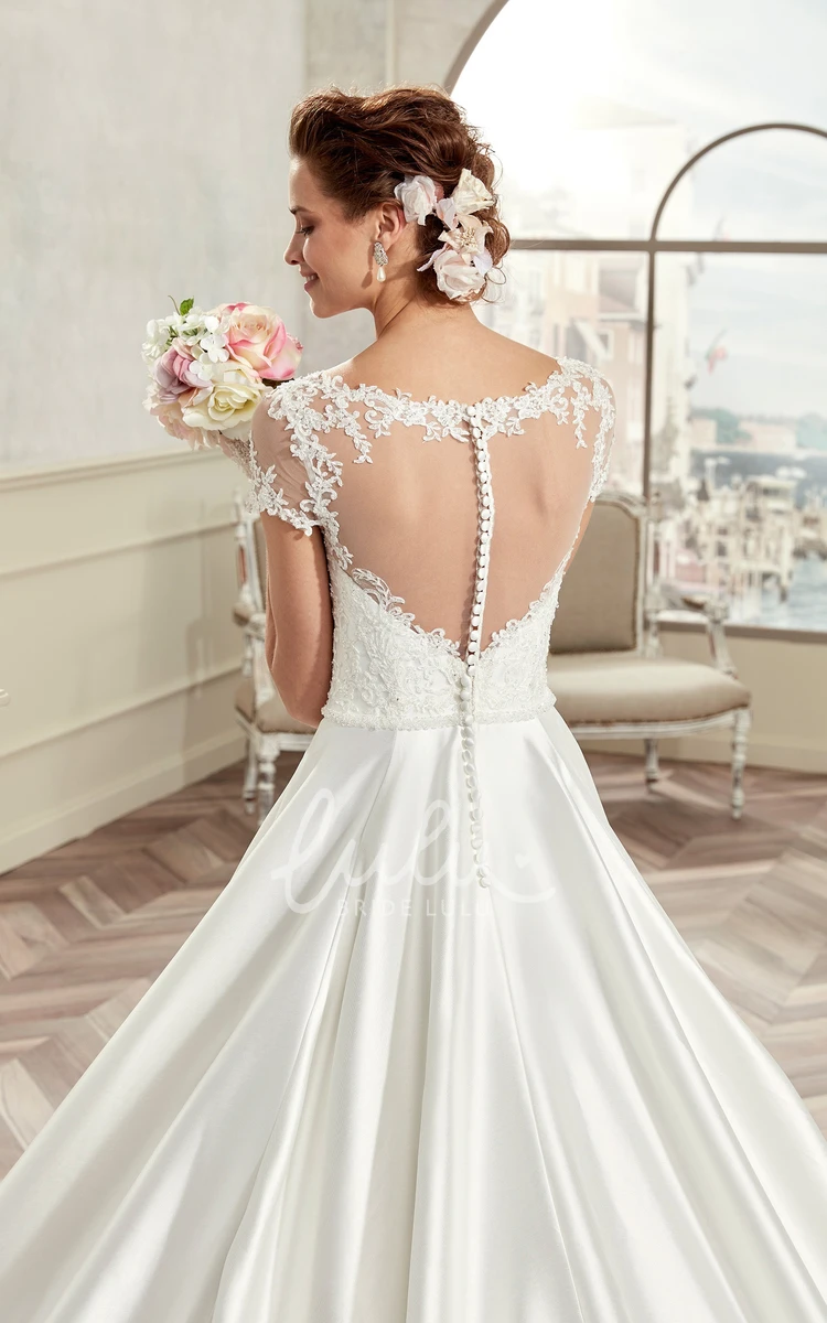 A-Line Wedding Dress with T-Shirt Sleeves and Pleated Satin Jewel-Neck Style