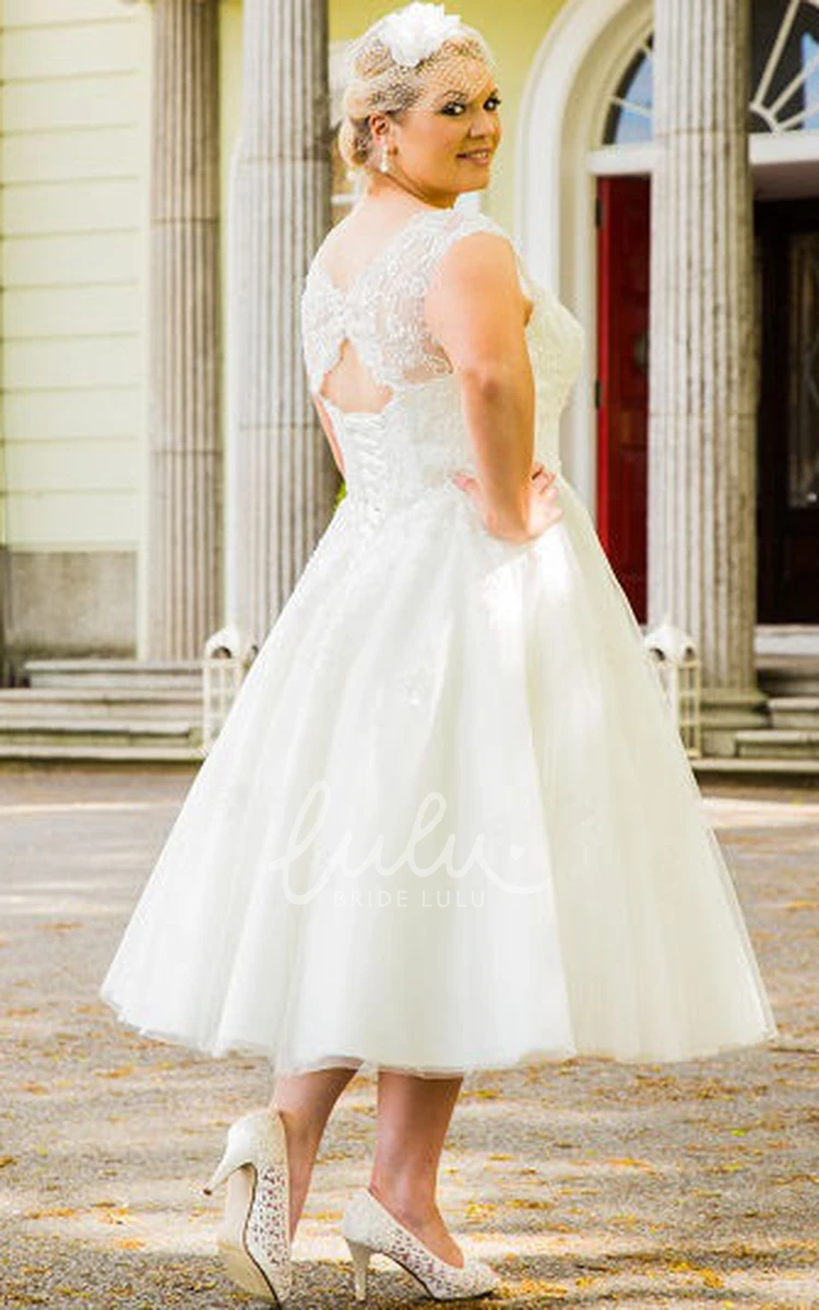 Tea Length Tulle Bridal Gown with Pearl Lace Top and Scalloped Scoop Neck