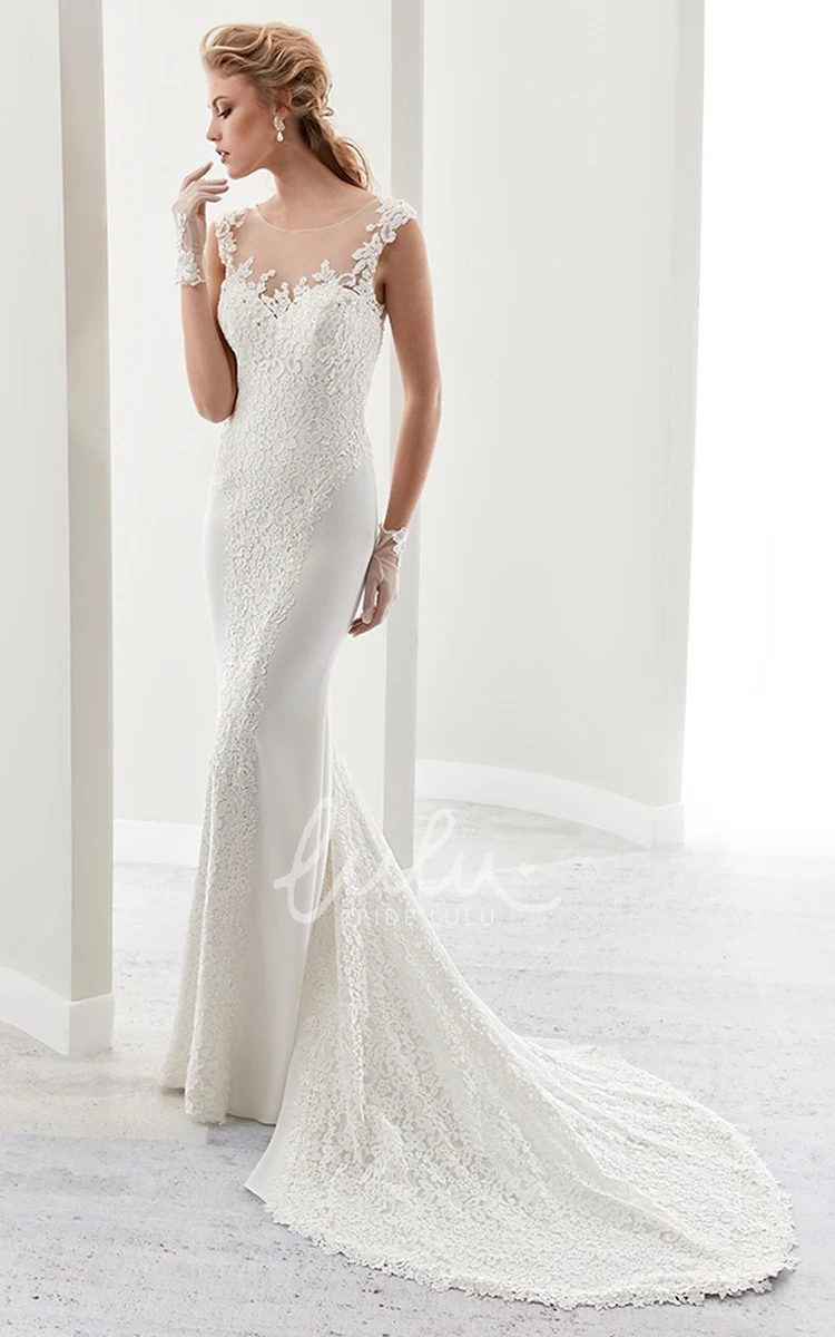 Low-V Back Sheath Wedding Dress with Illusion Cap Sleeves and Delicate Details