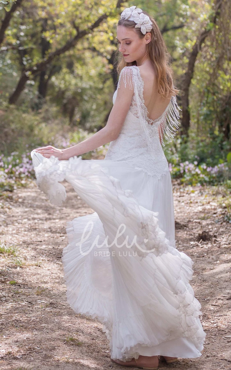 A-Line Wedding Dress with Plunging Neckline Pleats Appliques and Beading Unique Bridal Gown