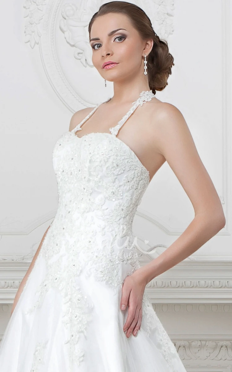 Spaghetti Appliqued Lace&Satin A-Line Wedding Dress Flowy Beach Bridal Gown