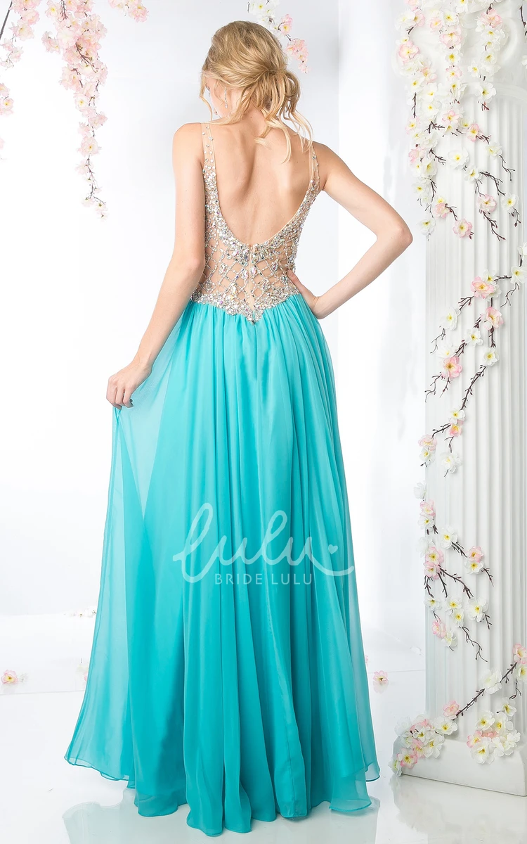 V-Neck Sleeveless Chiffon Dress With Beading And Pleats A-Line