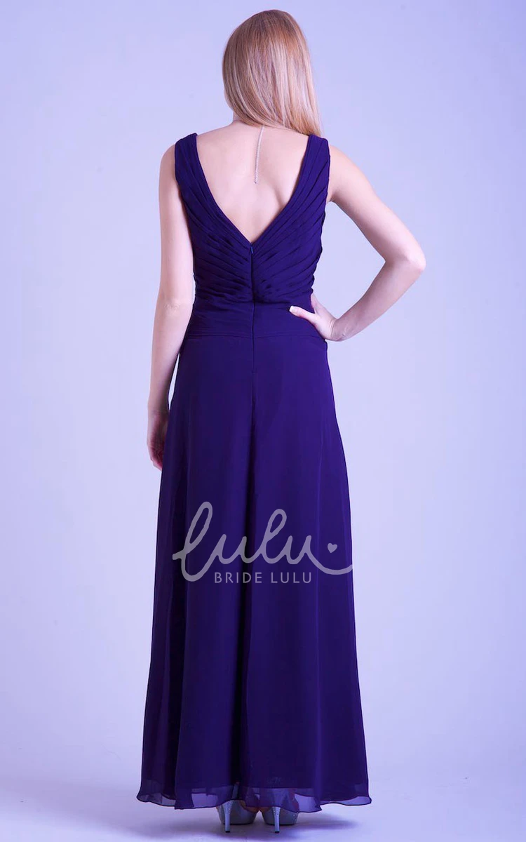 Sleeveless V-Neck Chiffon Prom Dress with Draping and Ruching A-Line Ankle-Length Dress