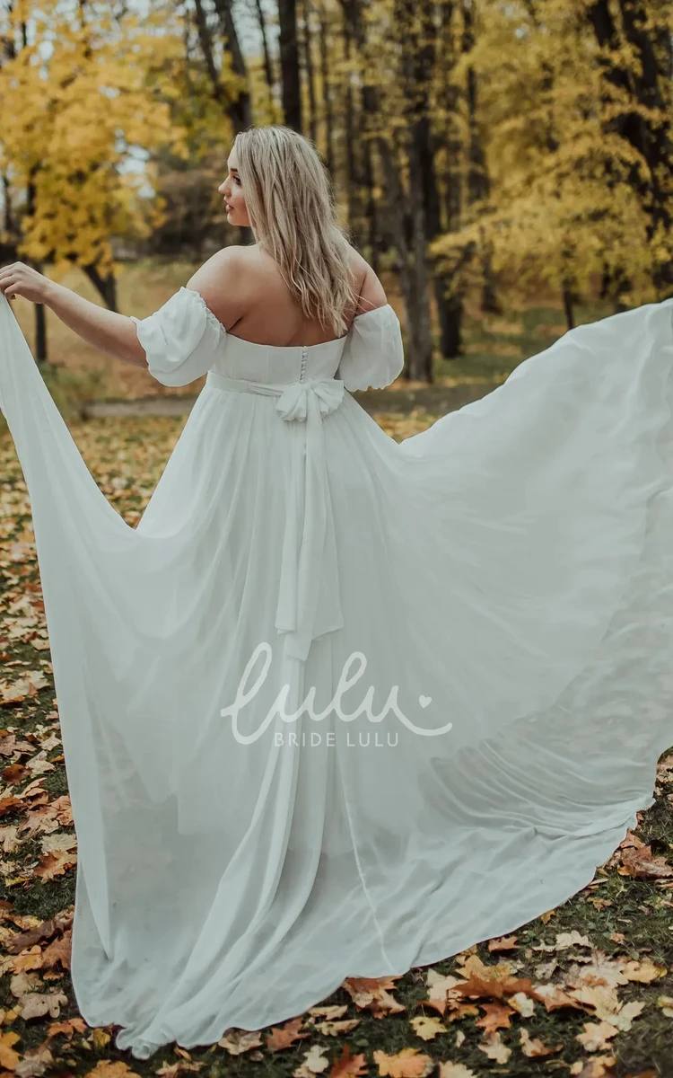 Off-the-shoulder A Line Wedding Dress with Bow in Elegant Chiffon