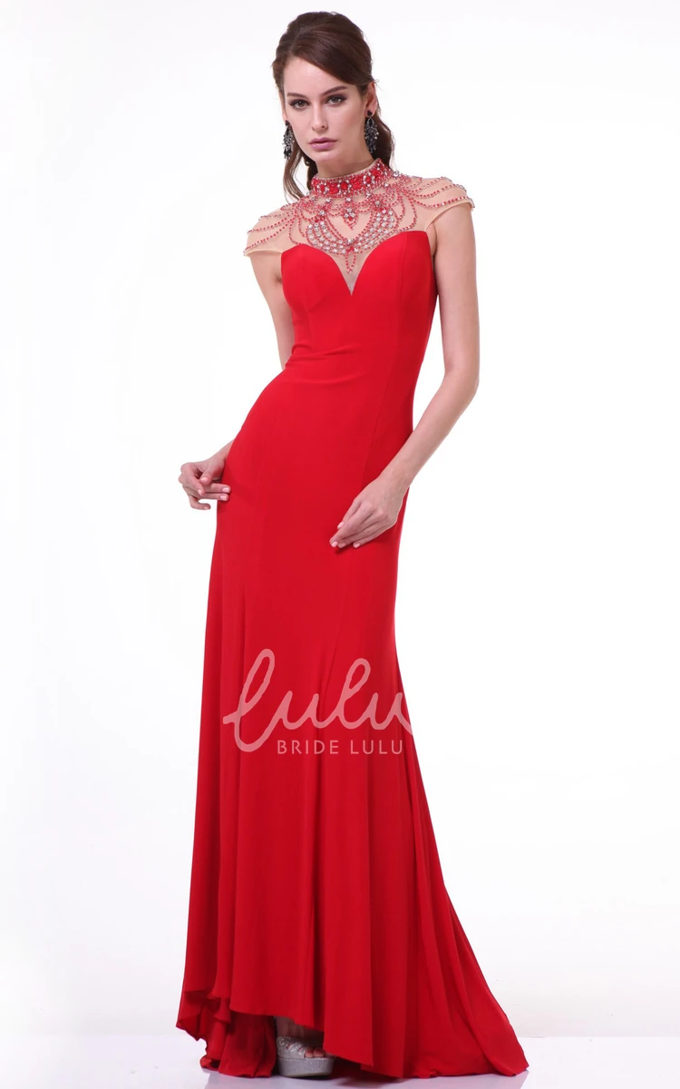 High Neck Cap-Sleeve Jersey Formal Dress With Crystal Detailing Sheath