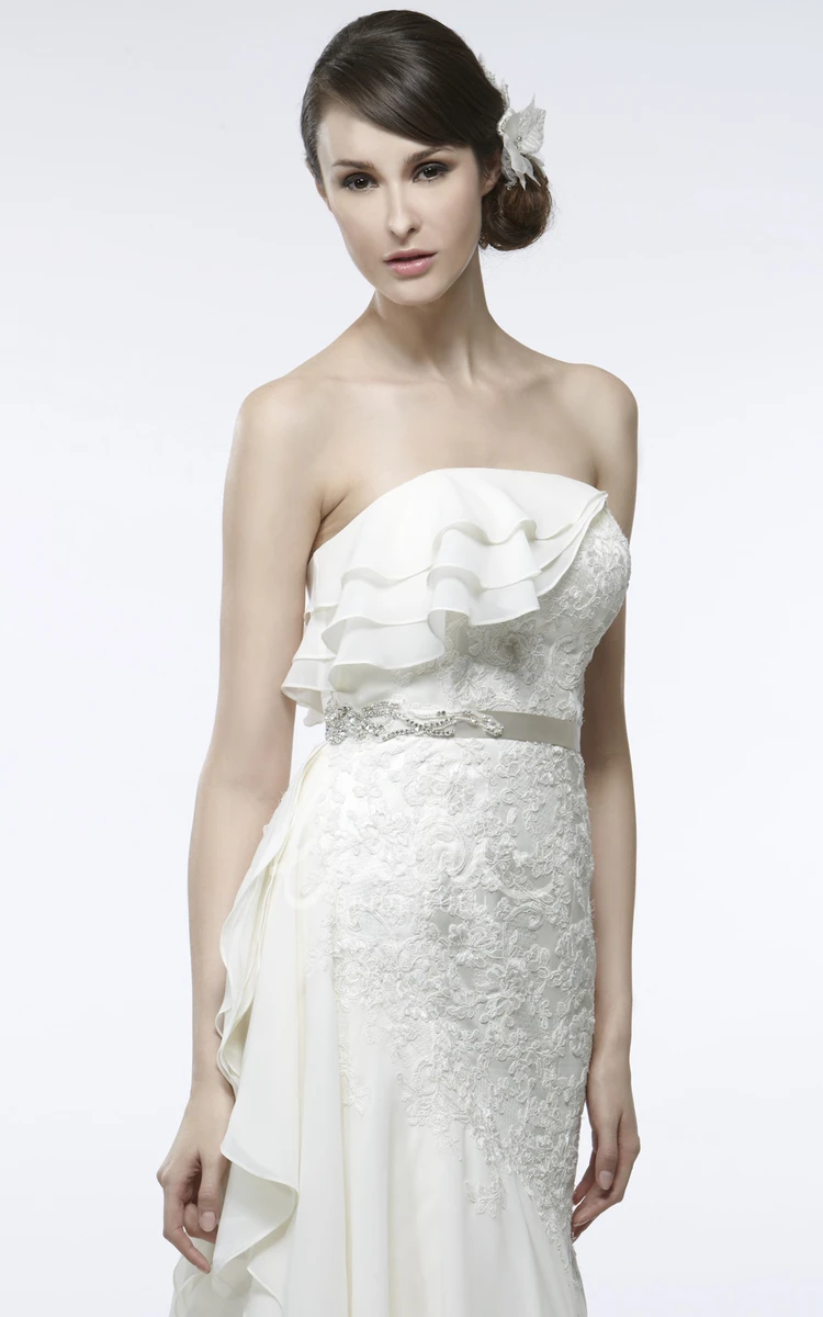 Strapless Chiffon Wedding Dress with Waist Jewelry Sleeveless A-Line