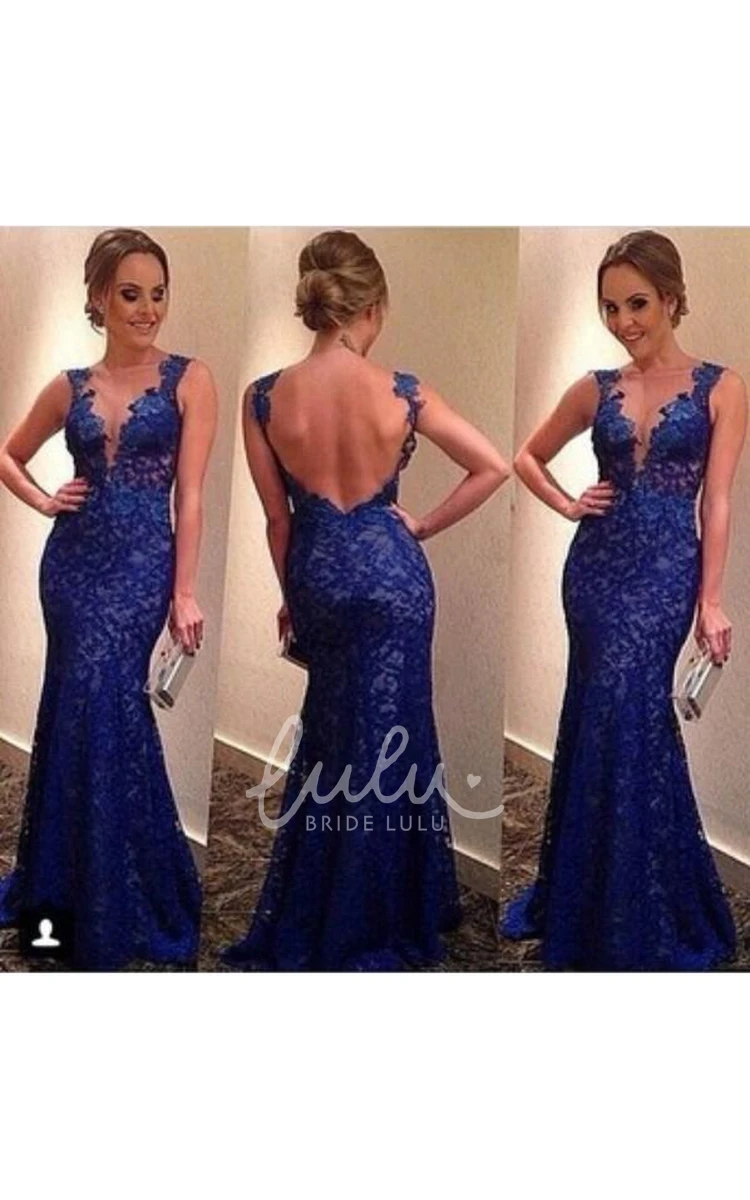 Royal Blue Full Lace Evening Dress with V-neck and Backless Design Modern Prom Dress