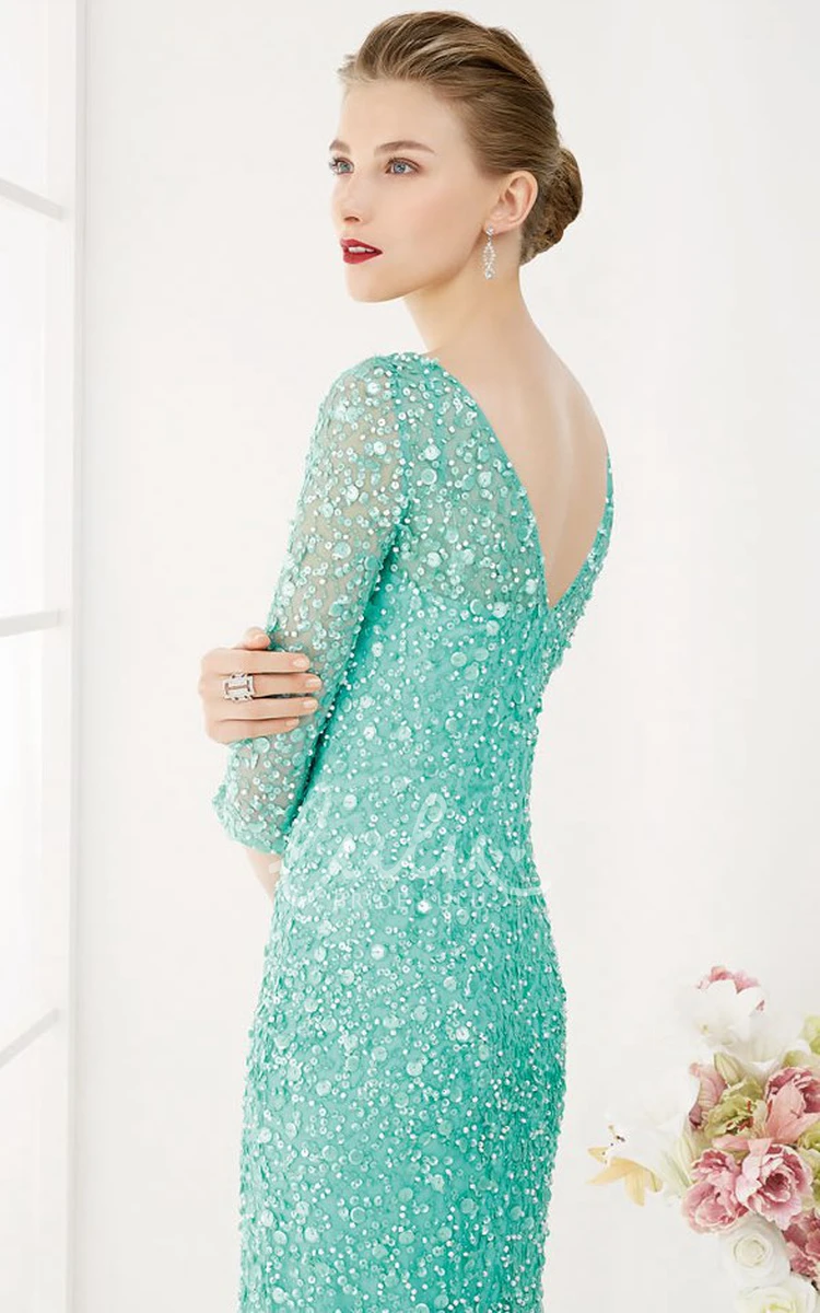 Sequin Tulle Sheath Prom Dress with Scoop Neck and 3/4 Sleeves