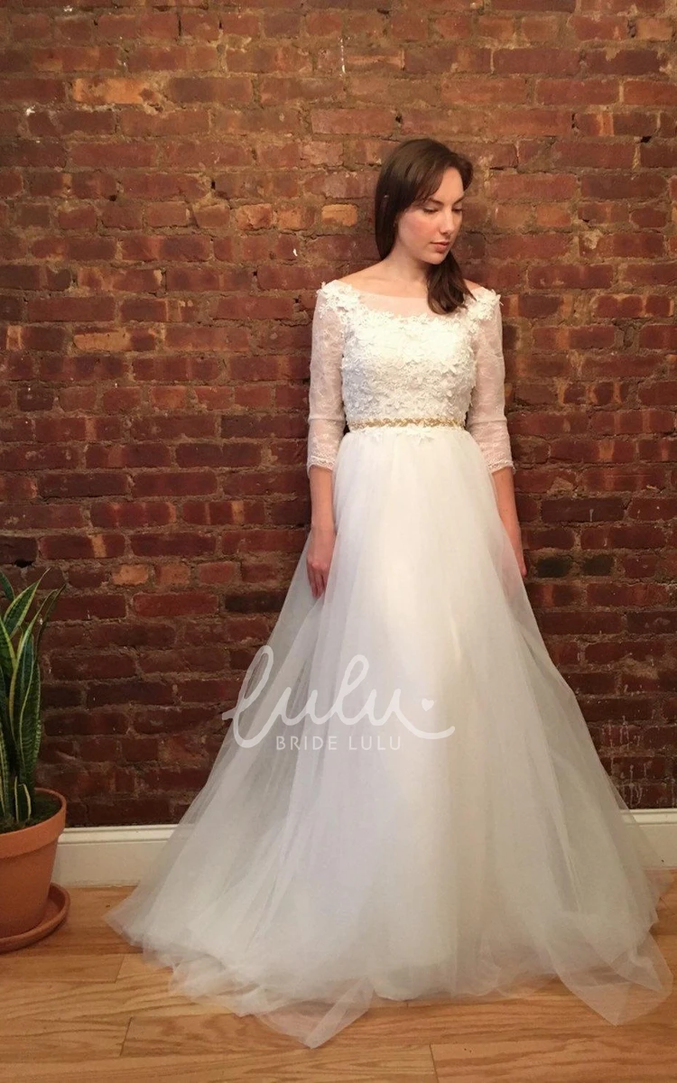 Flower Lace 3/4 Sleeve Wedding Dress