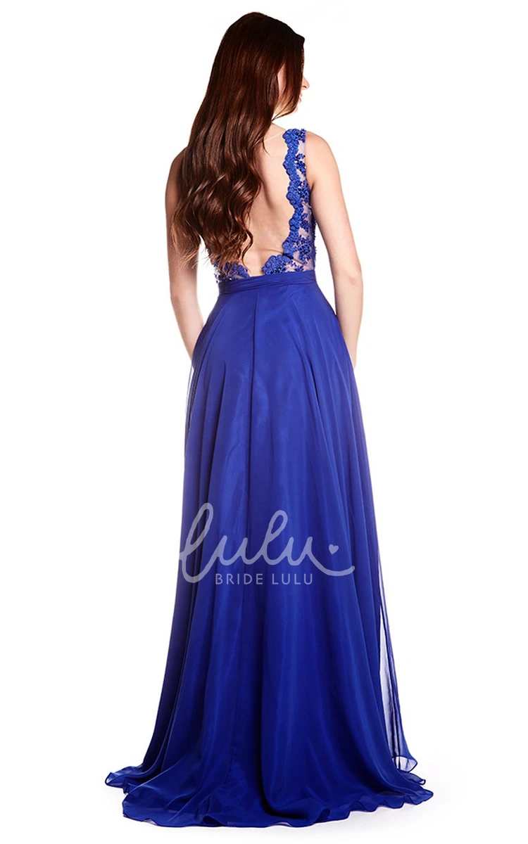 Sleeveless Jewel Neck Appliqued Chiffon Prom Dress Flowy Prom Dress