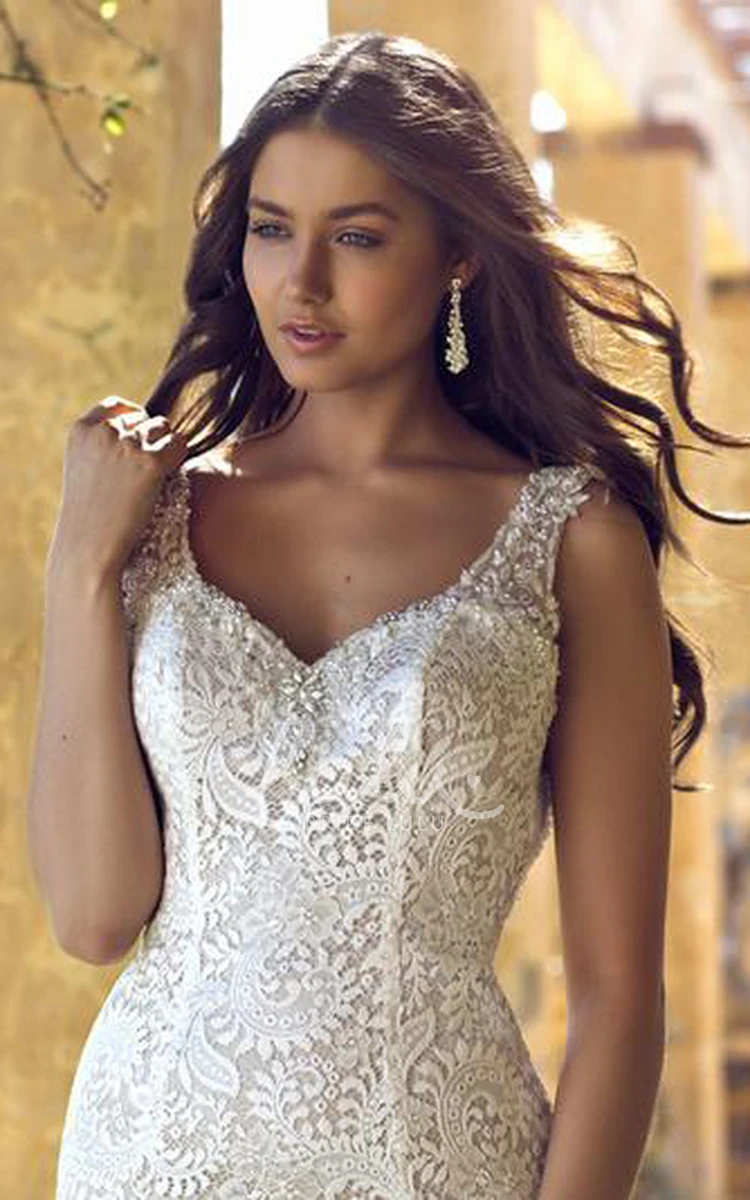 Lace Mermaid Wedding Dress Sleeveless V-Neck Backless Design