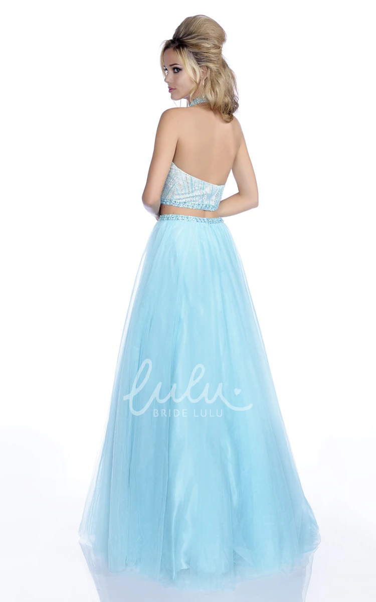 Halter Crop Top A-Line Tulle Prom Dress with Crystal Bodice