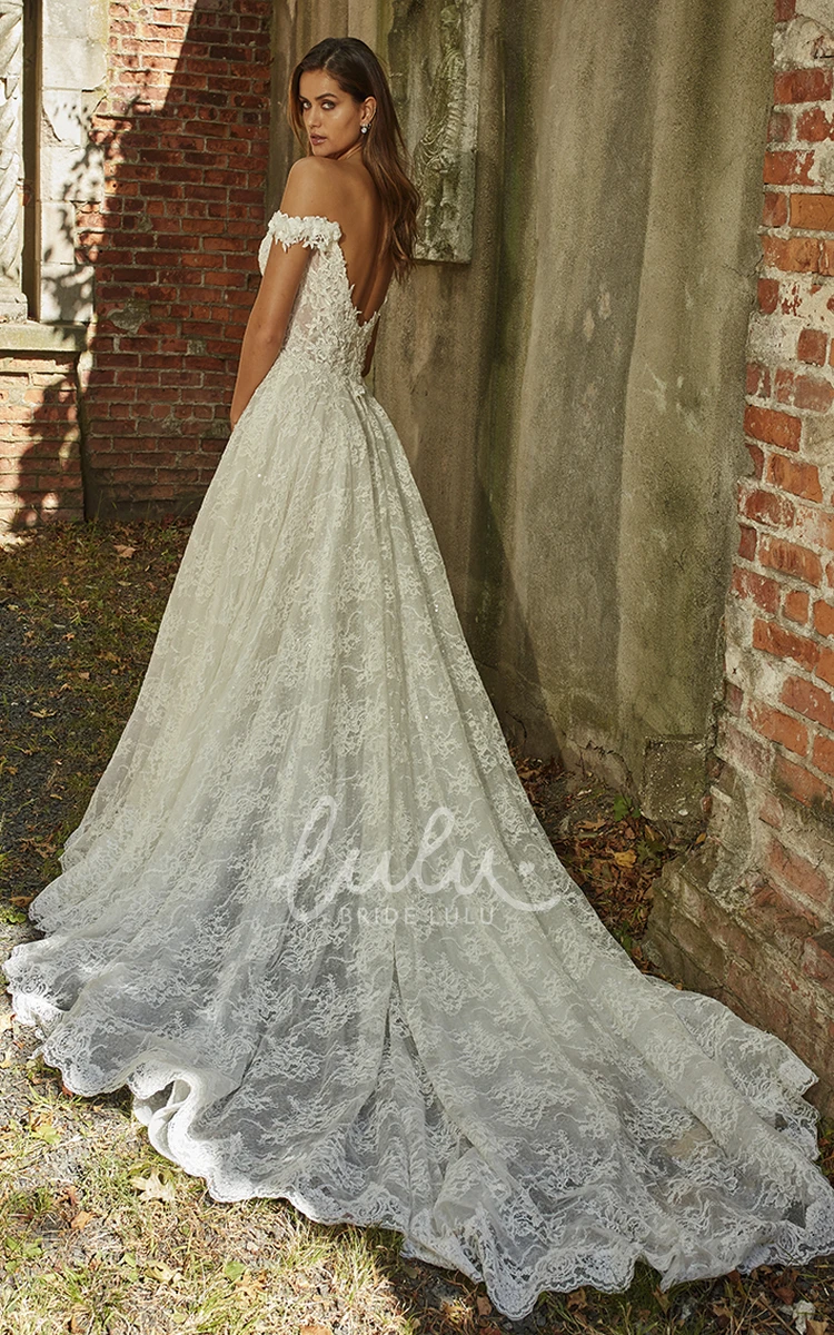 Off-the-Shoulder Lace A-line Wedding Dress with Open Back