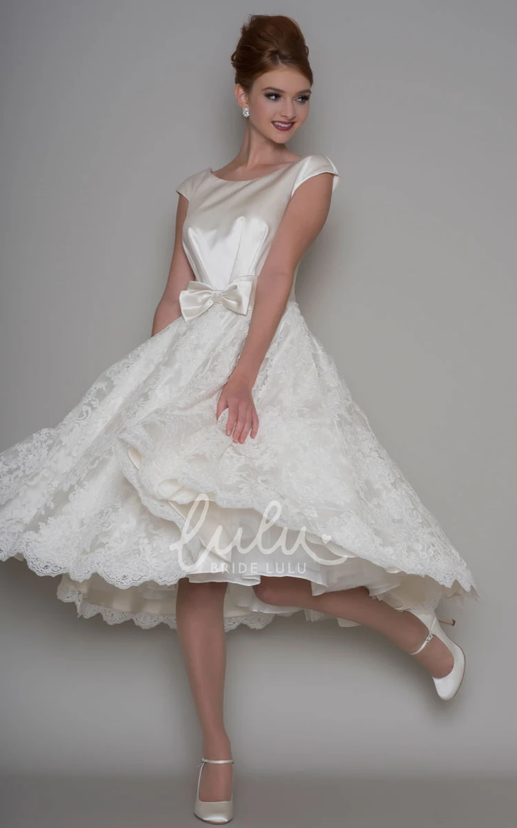 Appliqued Cap Sleeve Scoop Neck A-Line Tea-Length Wedding Dress