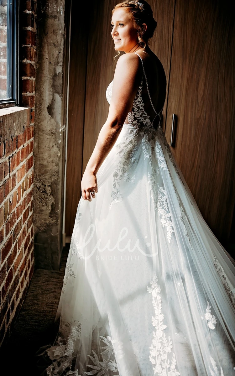 A-Line Tulle Wedding Dress with Appliques Spaghetti Straps V-neck Simple