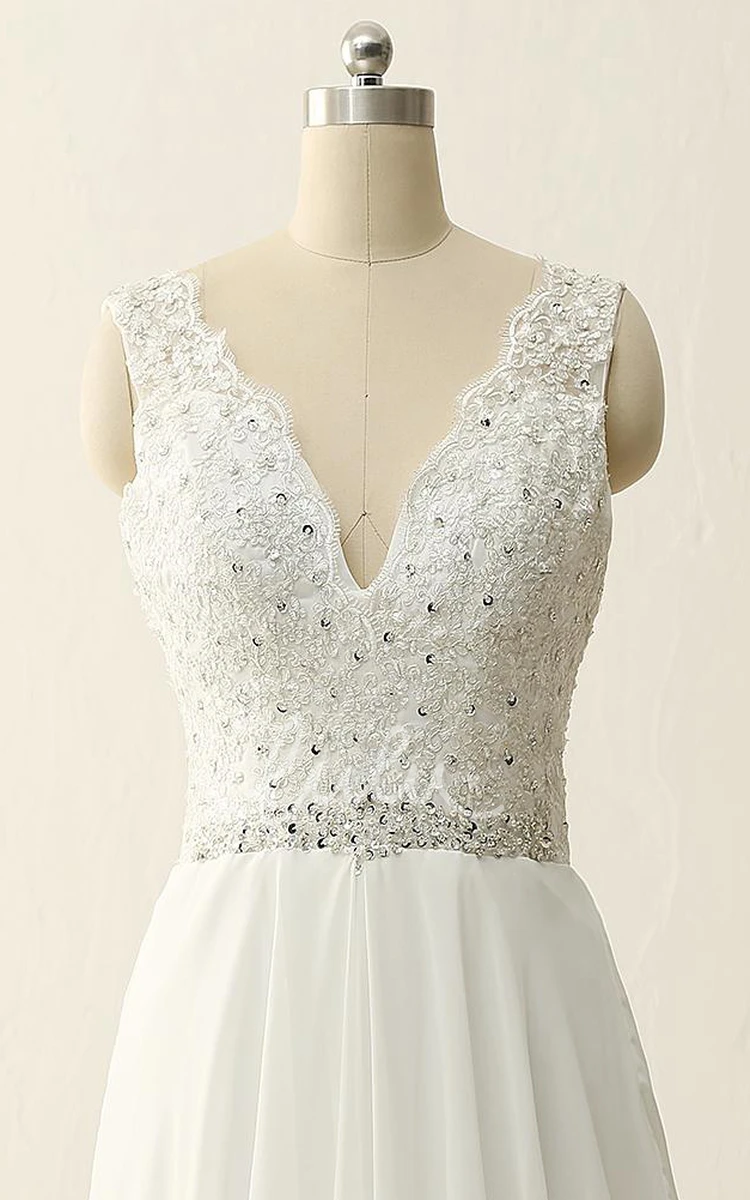 Chiffon Lace V-Neck Maxi Wedding Dress with Beading