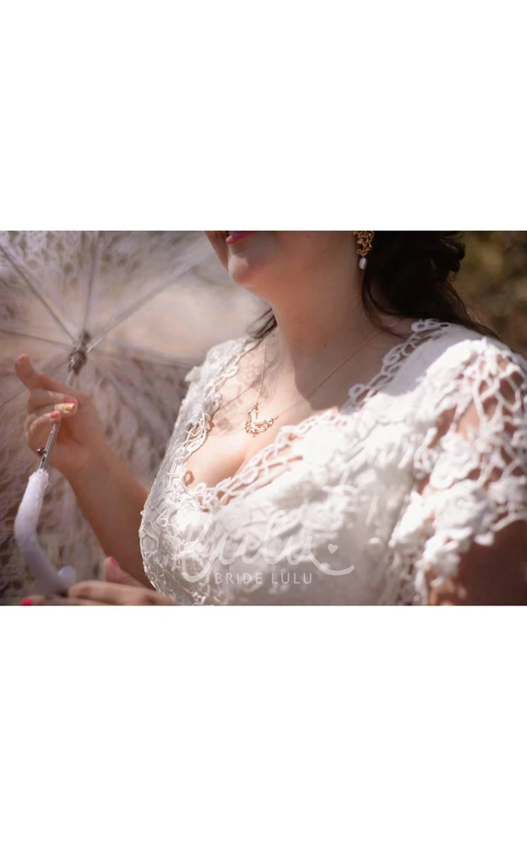 Plus Size V-Neck Lace Chiffon Wedding Dress with Short Sleeves Modern Wedding Dress