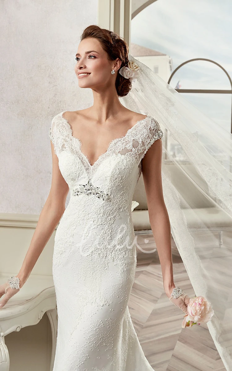 Cap Sleeve Lace Open Back Wedding Dress with Brush Train Classy and Modern