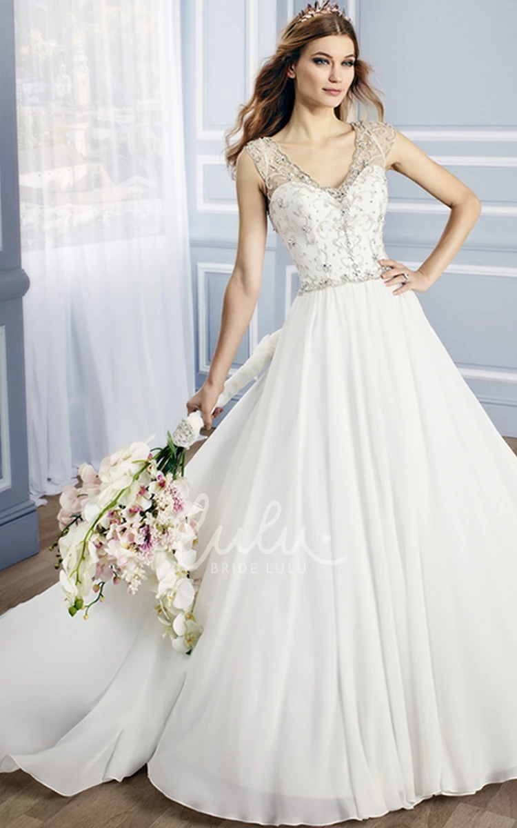 Beaded Chiffon V-Neck Ball-Gown Wedding Dress Cap-Sleeve