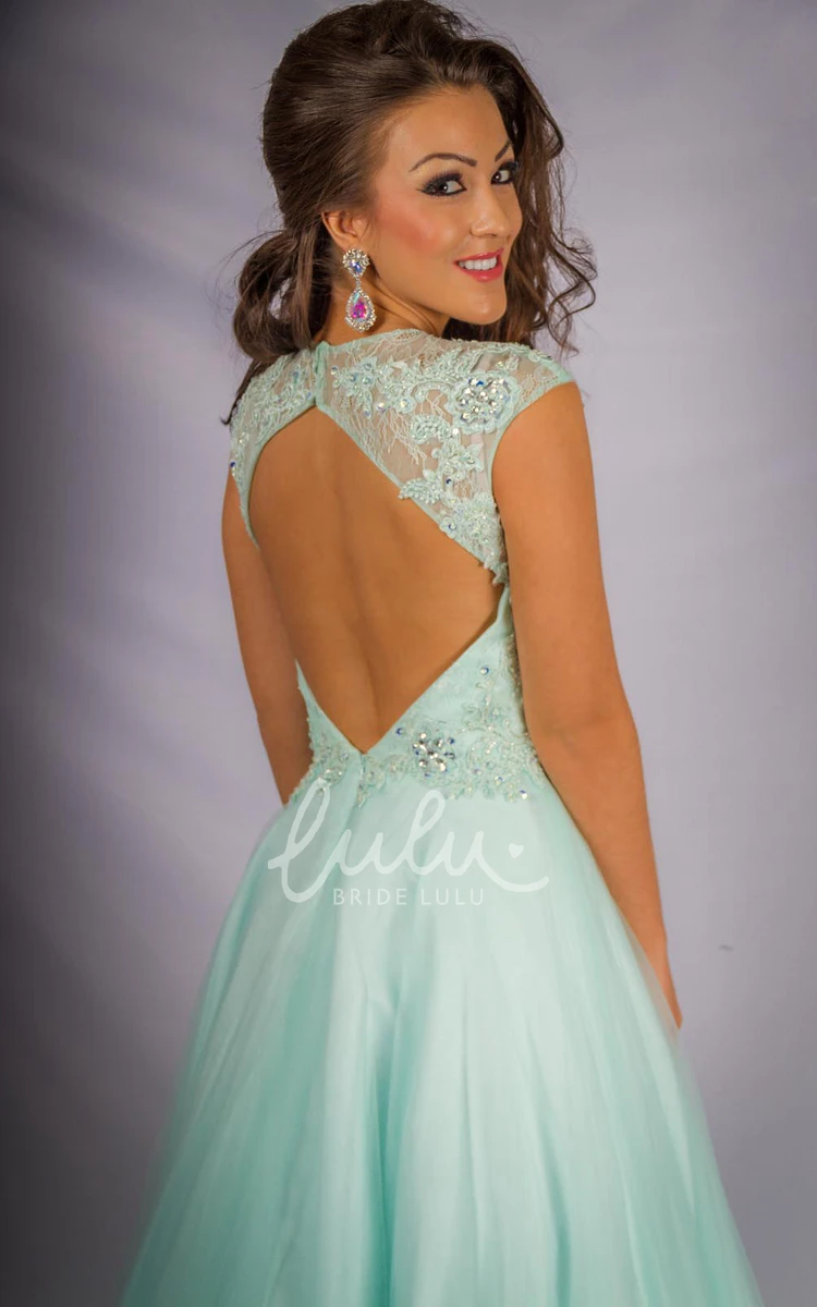 Empire Cap-Sleeve Chiffon Prom Dress with Beading and Scoop-Neck A-Line Formal Dress