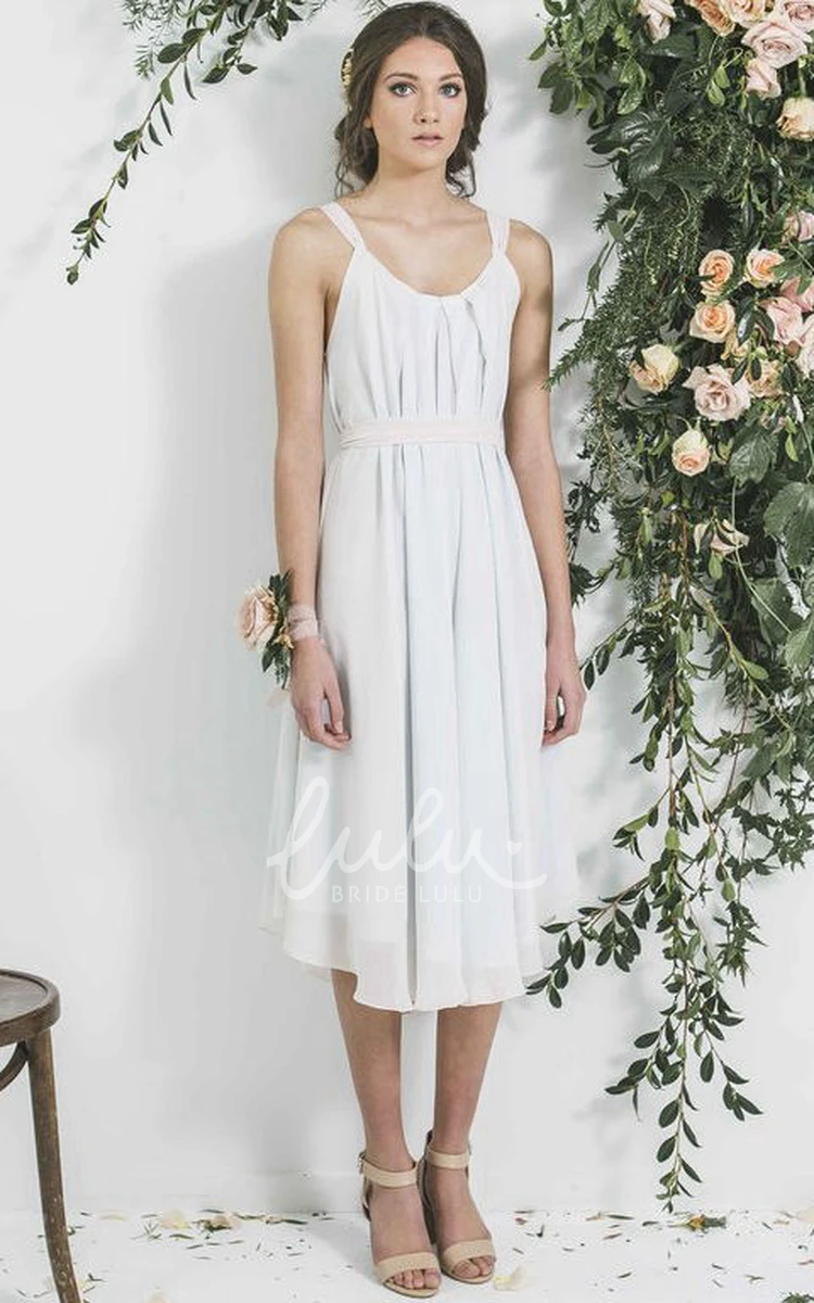 V-Neck Pleated Chiffon Bridesmaid Dress Tea-Length Sleeveless