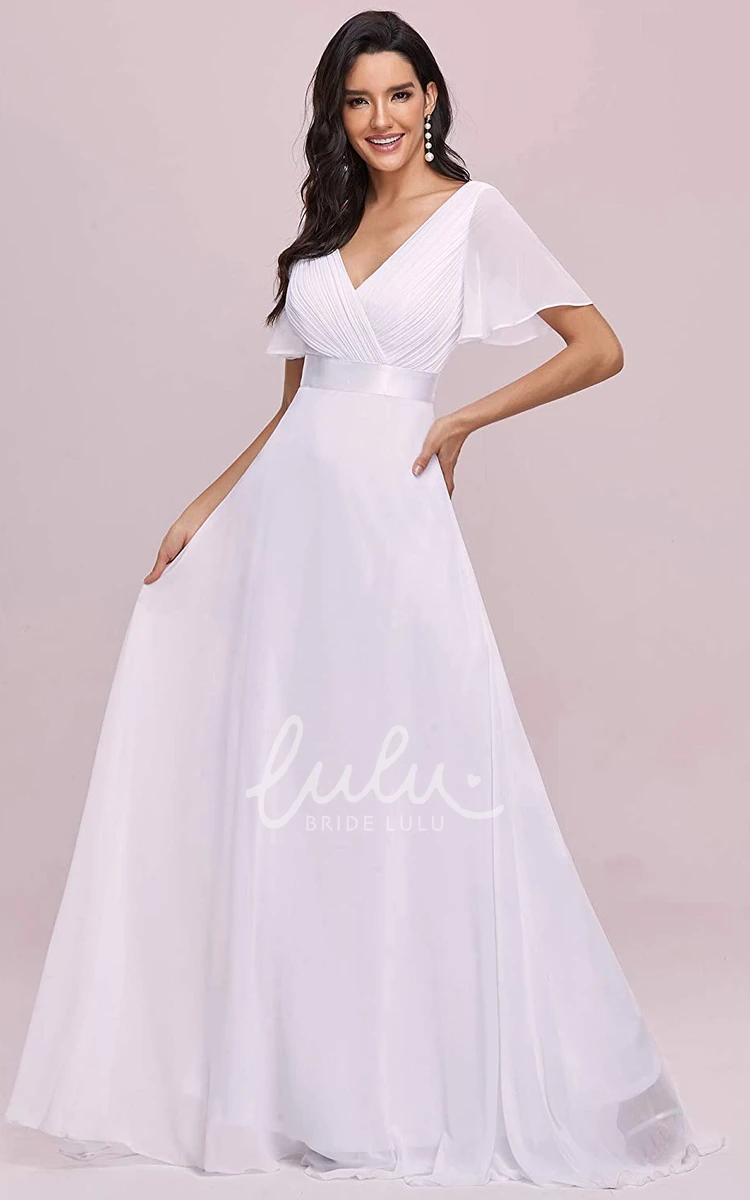 Romantic Chiffon V-neck A-line Prom Evening Dress with Ruffles and Short Sleeves Bridesmaid Dress