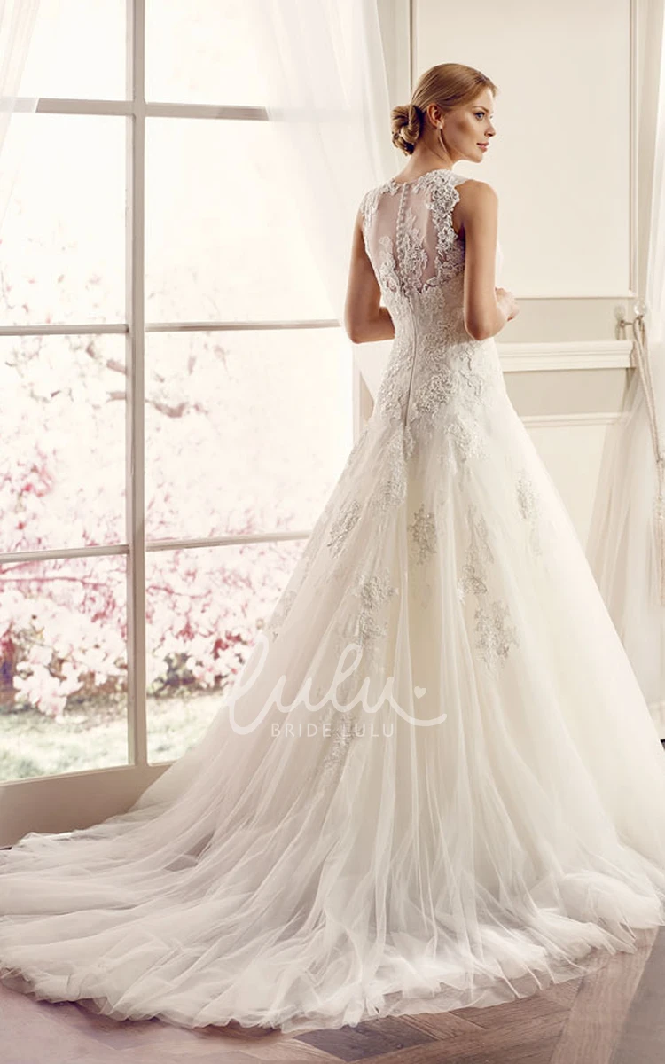 Sleeveless Jewel Lace&Tulle Ball-Gown Wedding Dress with Illusion Back and Appliques Classic Bridal Gown