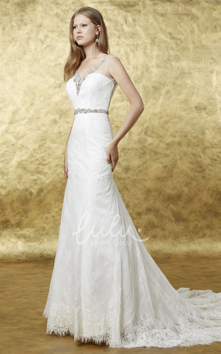 V-Neck Sleeveless A-Line Lace Wedding Dress with Beaded Waist Jewelry and Floor-Length