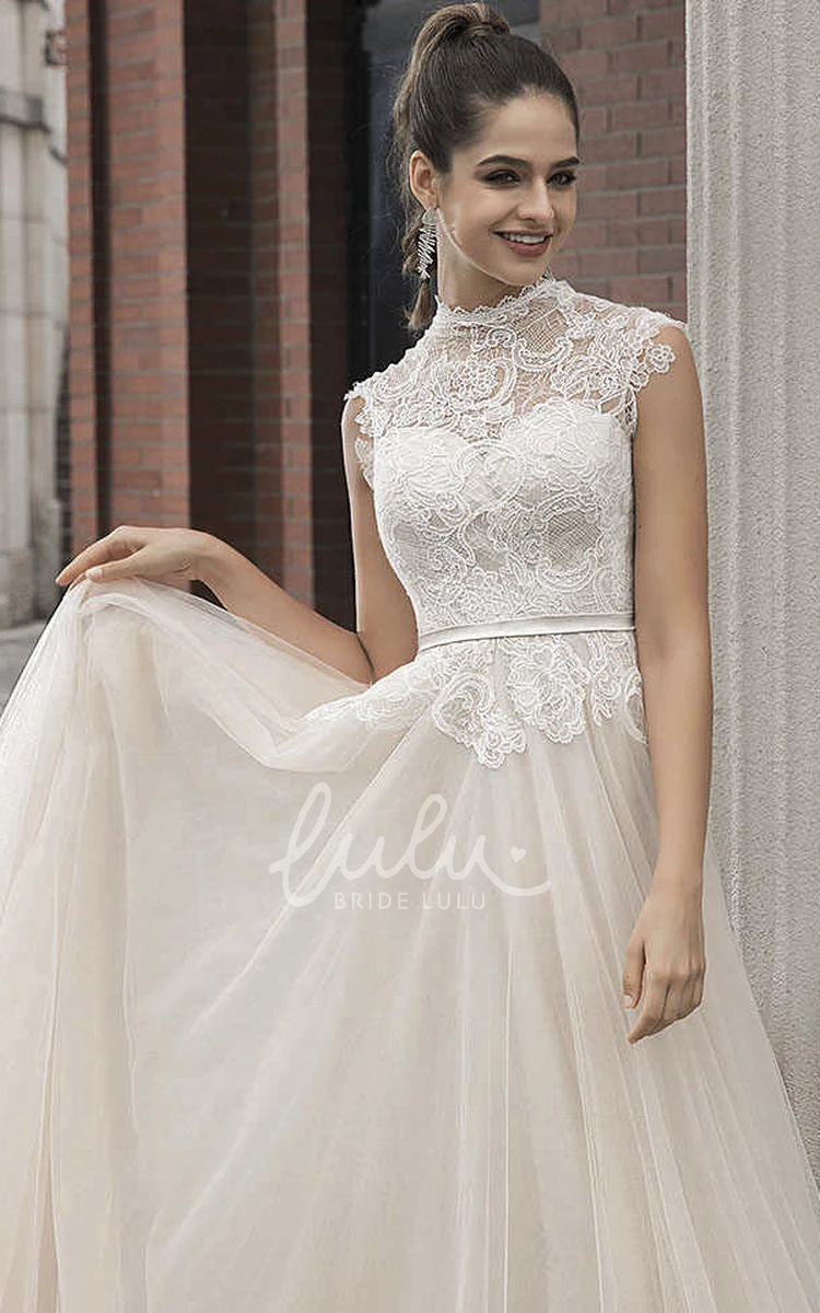 Vintage Lace High Neck Cap Sleeve Wedding Dress with Button Back