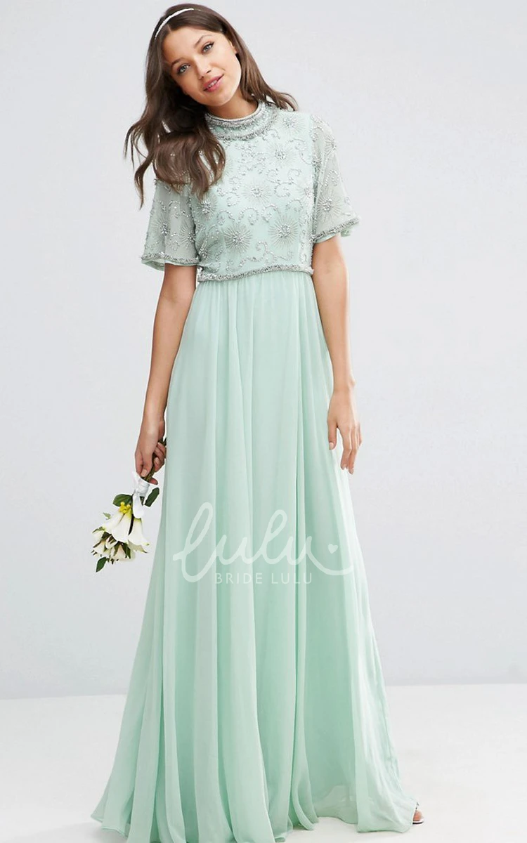 High Neck Bell Sleeve Chiffon Bridesmaid Dress with Pleats Floor-Length