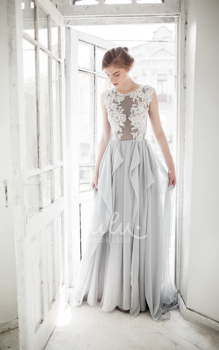 A-Line Chiffon Draped Dress with Lace Applique Top Sleeveless Jewel Neckline