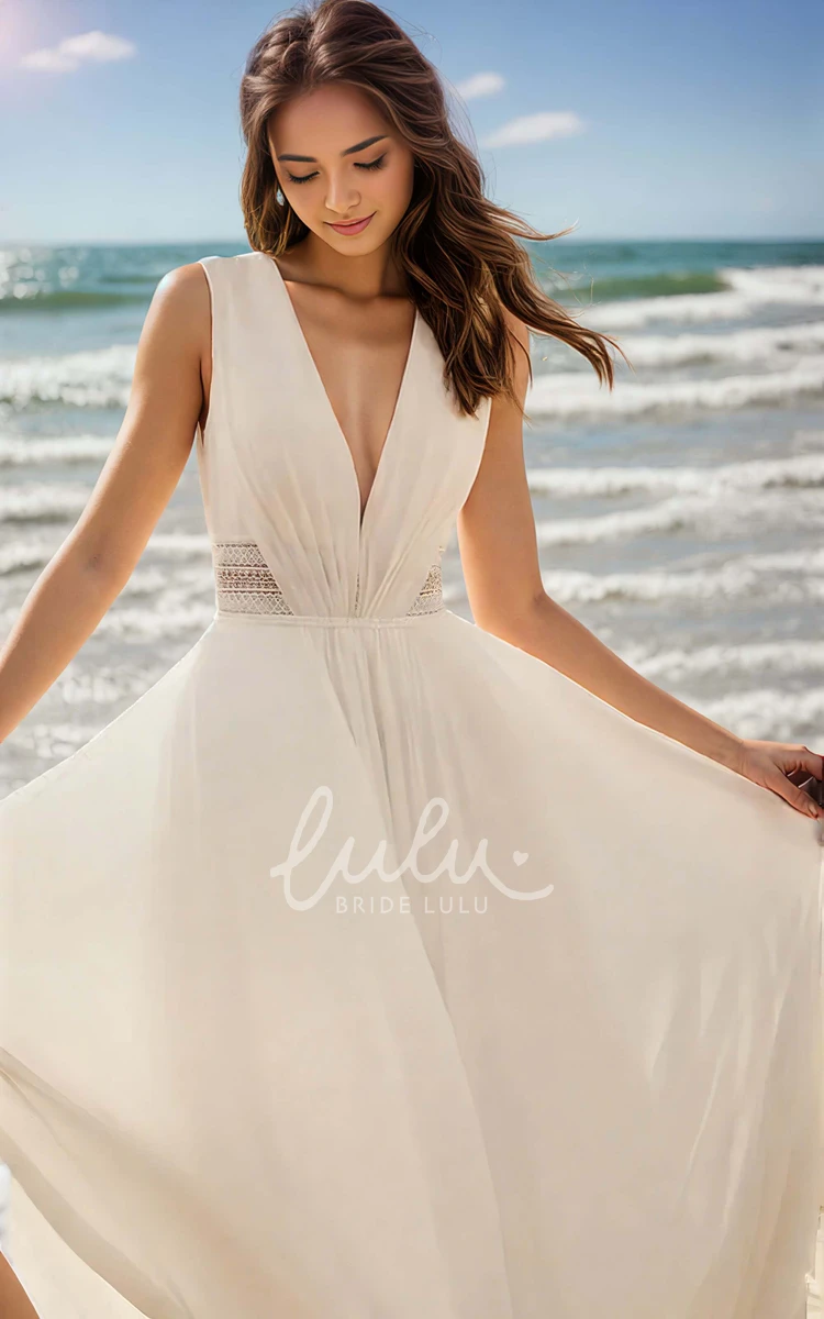 Simple Solid Chiffon Lace Sleeveless A-Line Plunging V-neck Wedding Dress Chic Elegant Ethereal Floor-length Backless Bridal Gown with Train