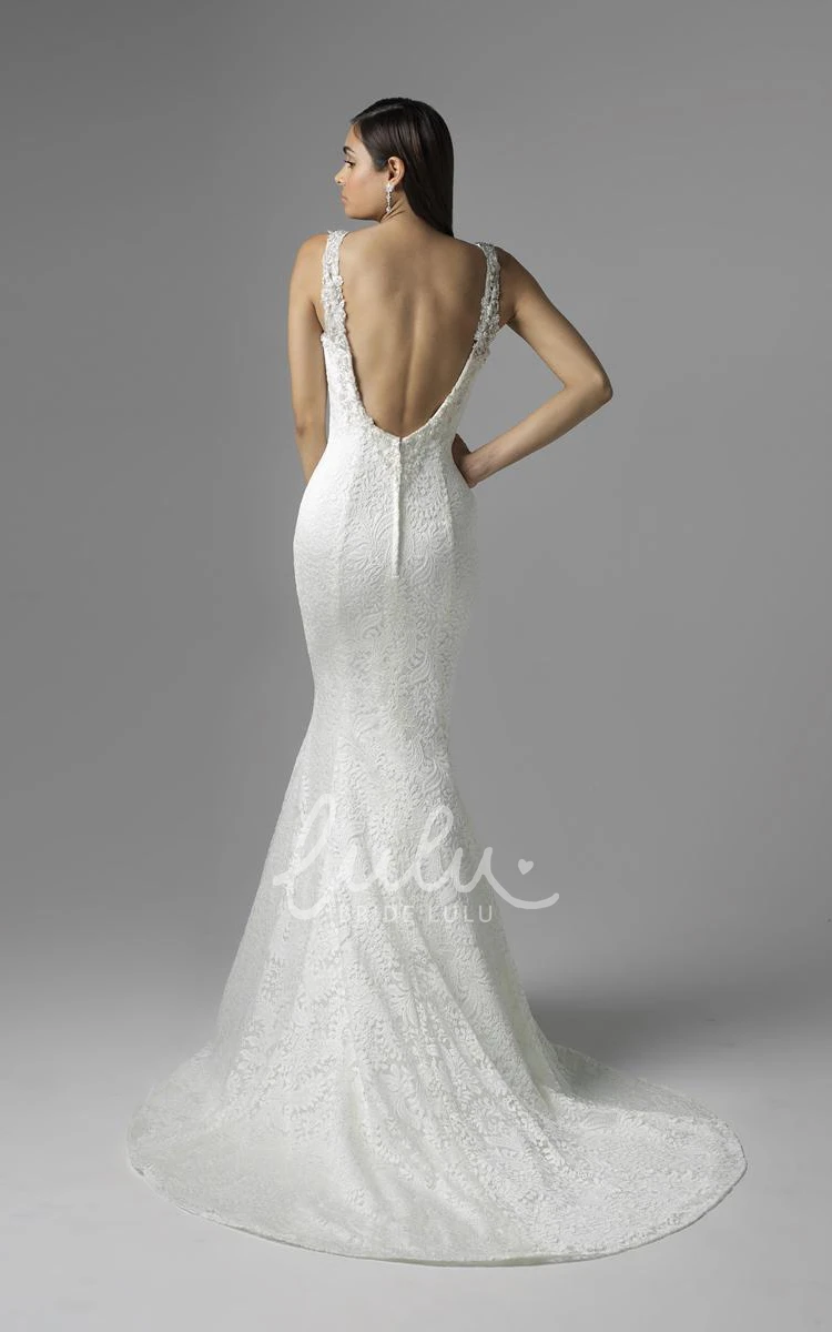 Lace Mermaid Wedding Dress Sleeveless V-Neck Backless Design