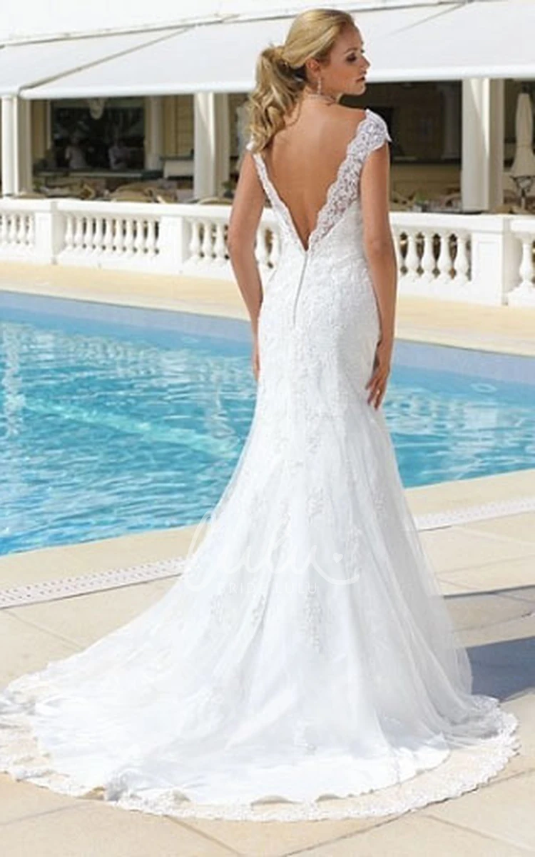 Cap-Sleeve Mermaid Lace Wedding Dress with Deep-V Back