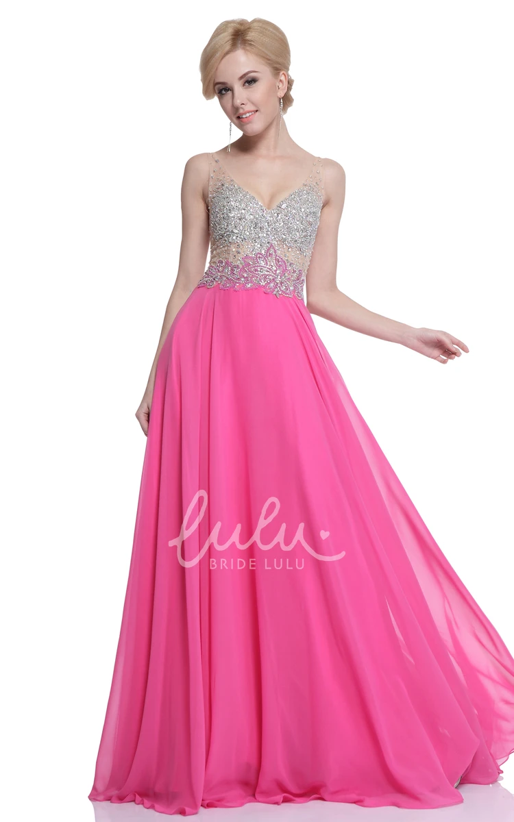 Chiffon A-Line Dress with Pleats Beading and Deep-V Back for Formal Events