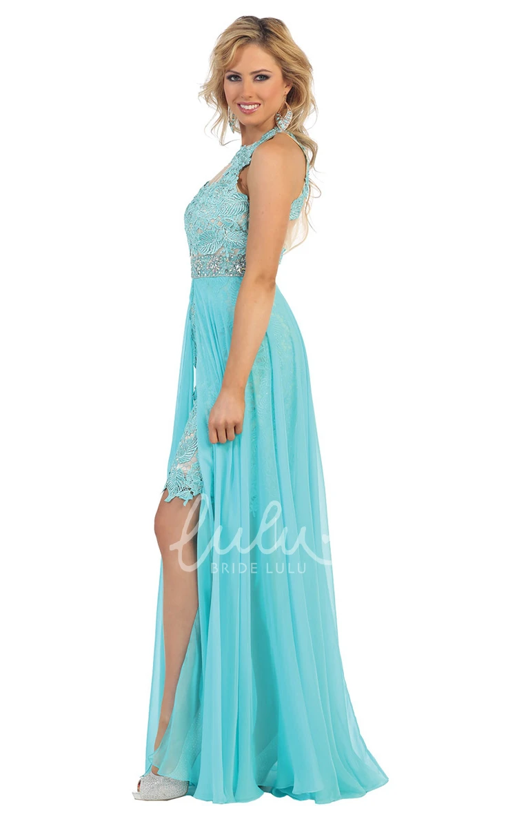 Chiffon Lace Illusion A-Line Formal Dress with Split Front and Waist Jewelry