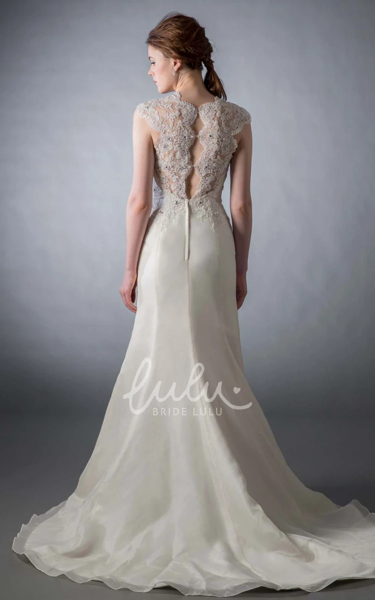 Cap-Sleeve Jewel Satin Sheath Wedding Dress with Illusion Back and Beading