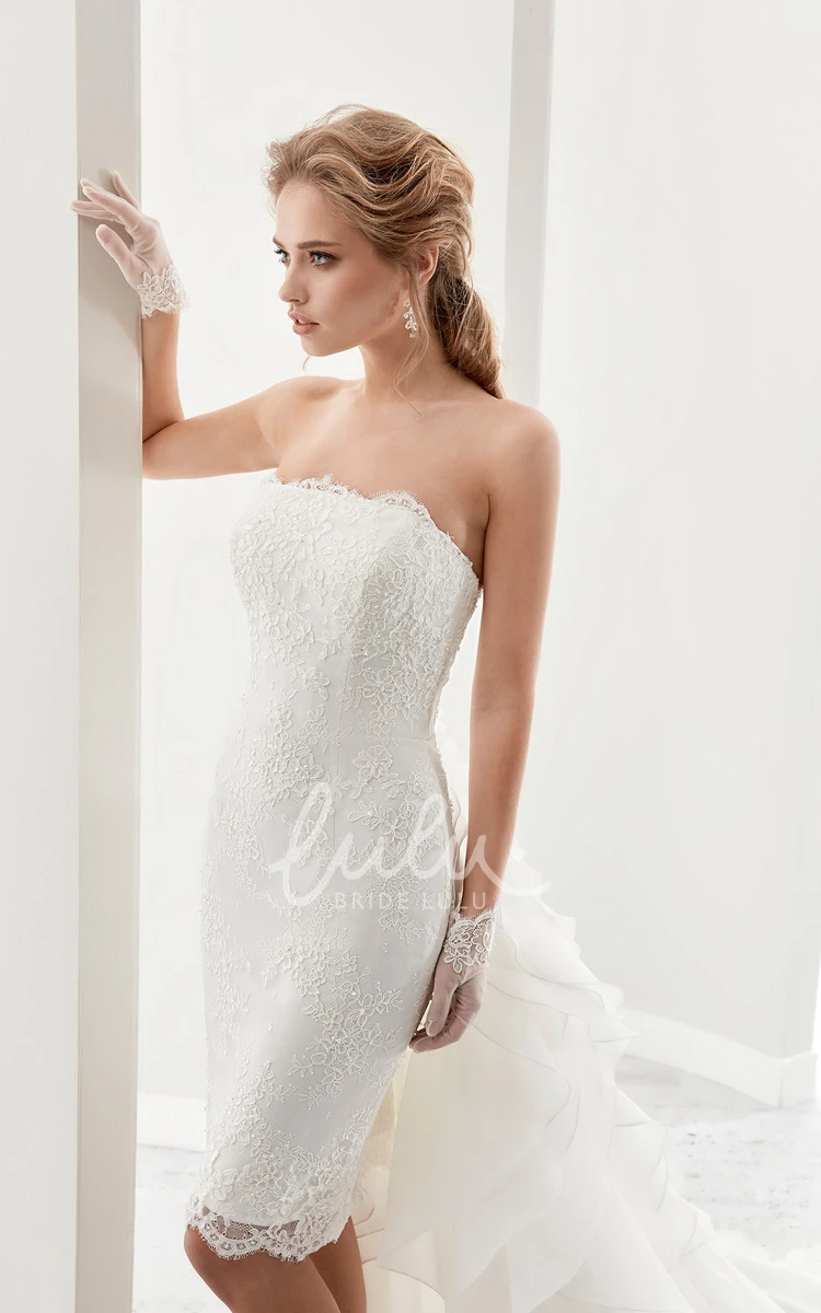 Short Lace Dress with Strapless Bodice and Detachable Ruffled Train