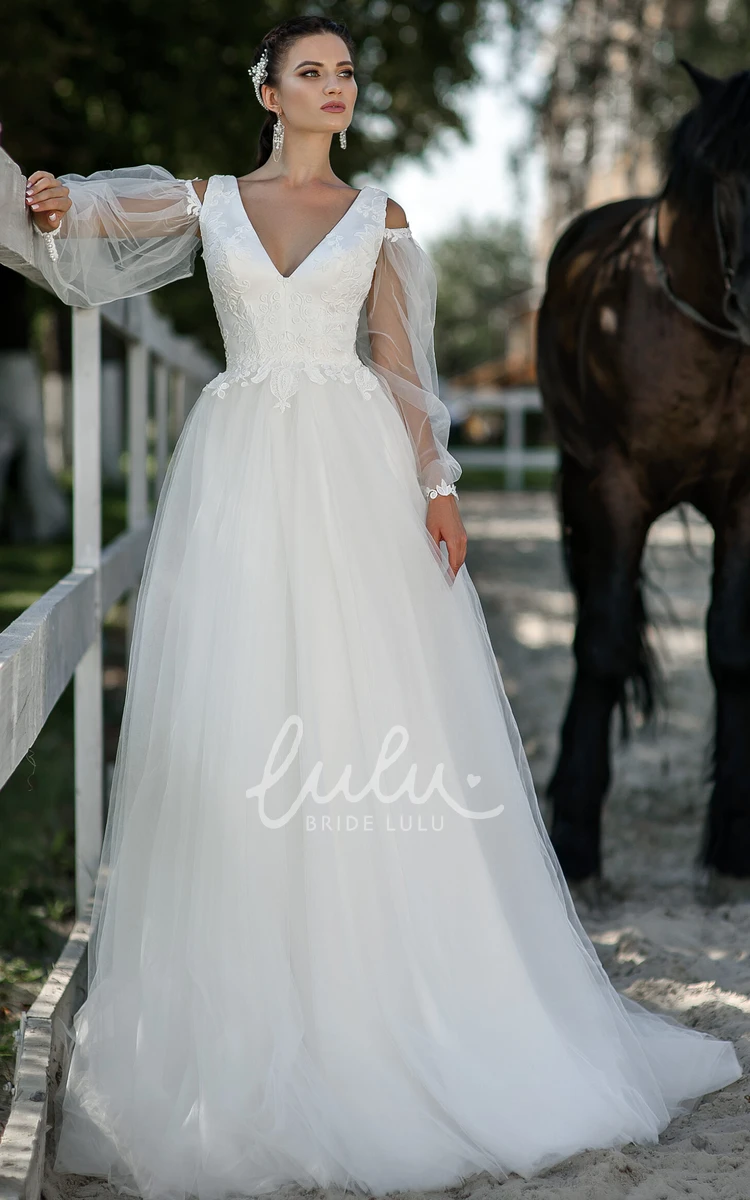 Ethereal V-neck Tulle Long Sleeve Wedding Dress With Appliques A-line