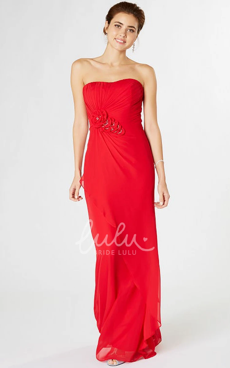 Strapless Ruched Chiffon Bridesmaid Dress Sheath Style Flower & Draping