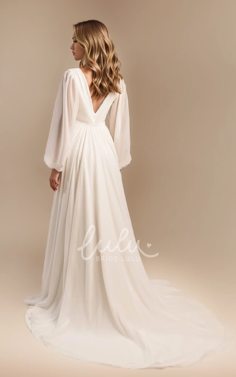 A-Line V-neck Simple Elegant Floor-length Long Balloon Sleeve Solid Plus Size Wedding Bride Dress with Train Deep-V Back