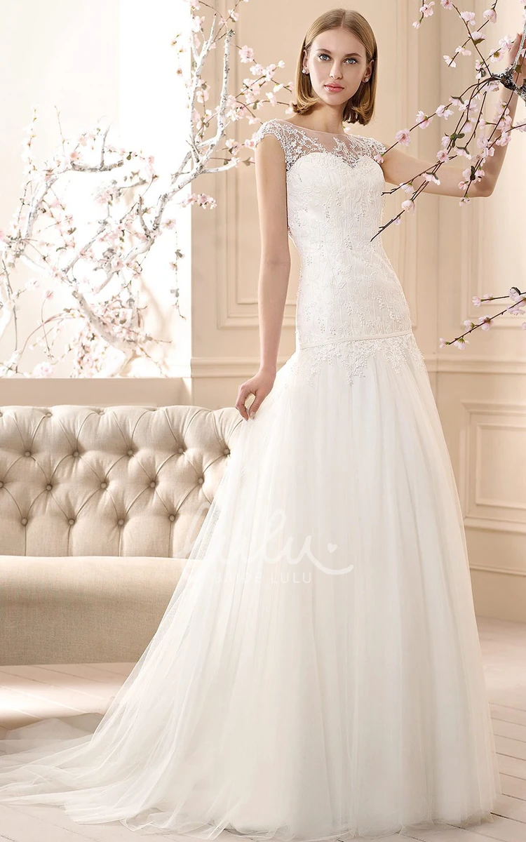 Tulle Appliqued Cap-Sleeve Wedding Dress with Bateau Neckline A-Line Maxi Style