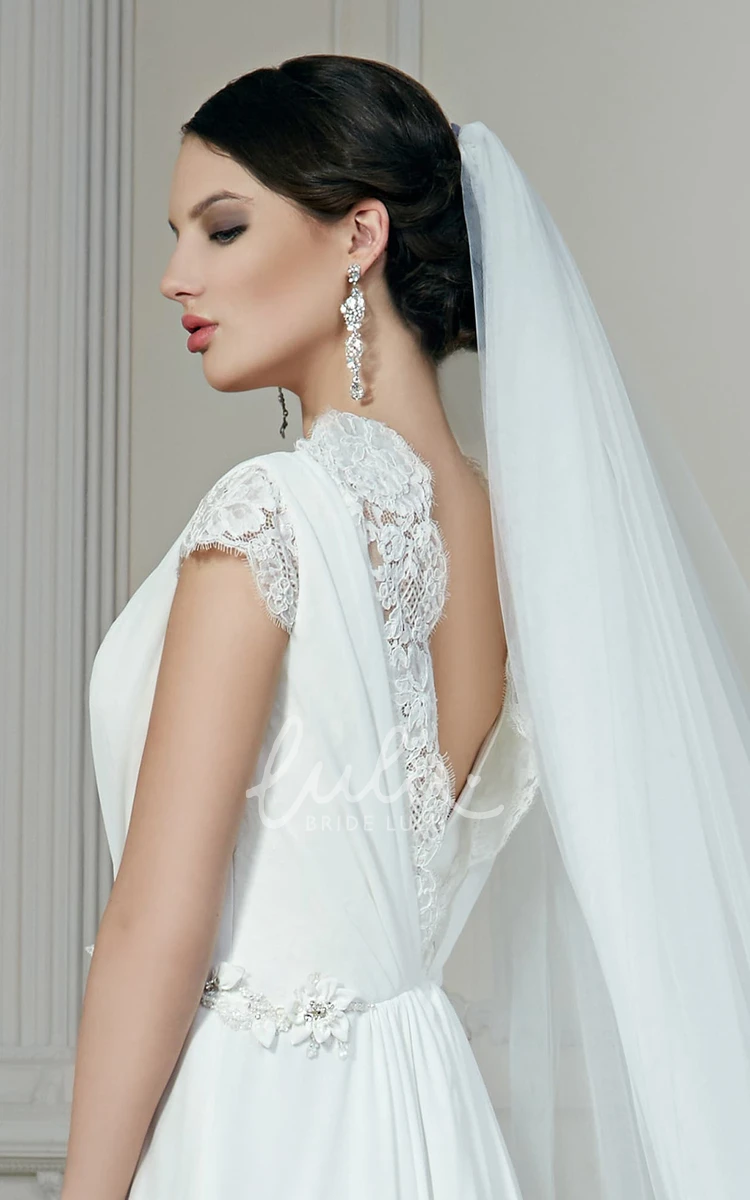 A-Line Chiffon Wedding Dress with V-Neckline Short Sleeves and Beaded Ruching