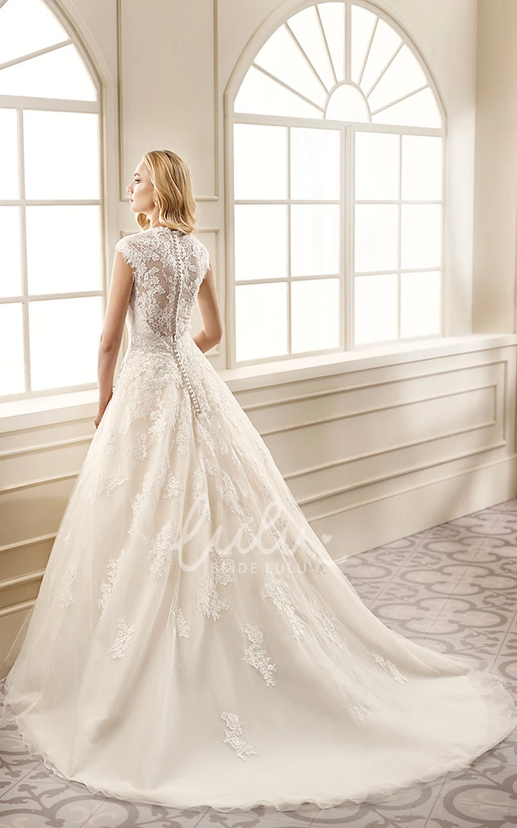 Cap-Sleeve Lace&Satin Ball Gown Wedding Dress V-Neck Appliqued