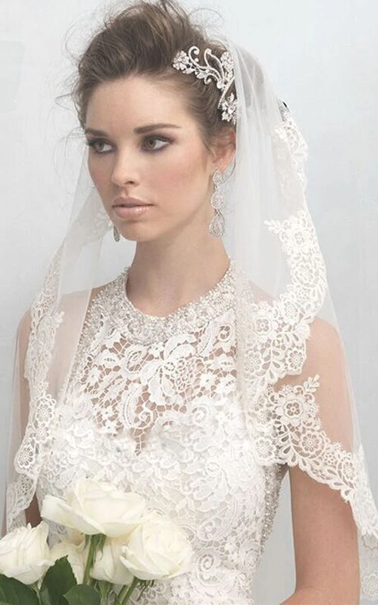 Elbow Length Tulle Veil with Lace Applique Edge for Wedding Dress