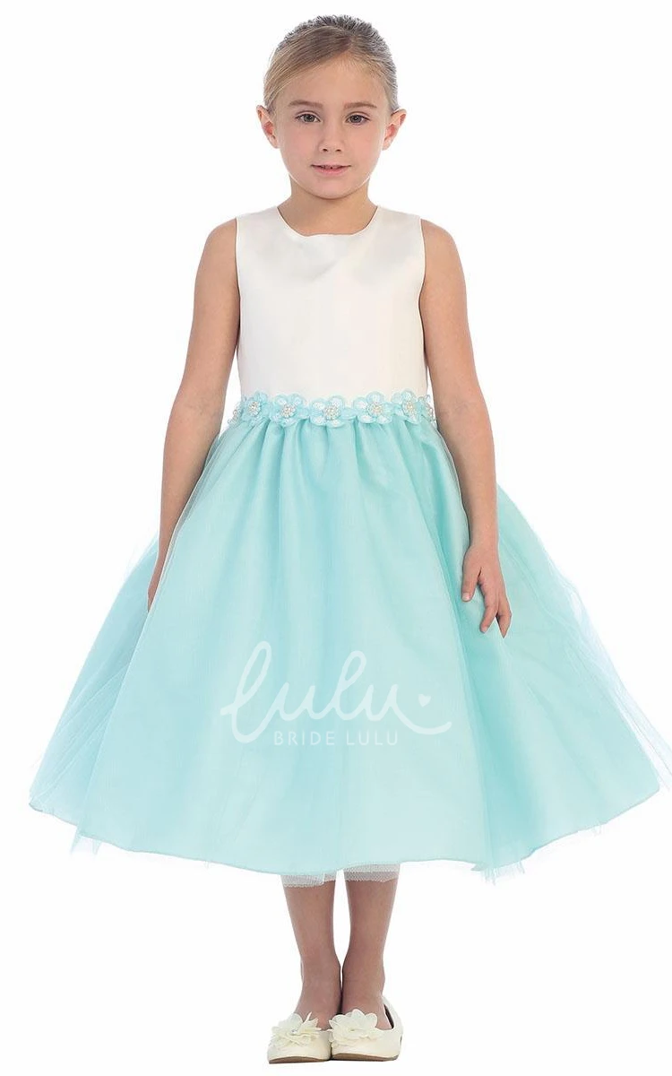 Tea-Length Tulle Floral Sequin Flower Girl Dress with Ribbon Unique Prom Dress