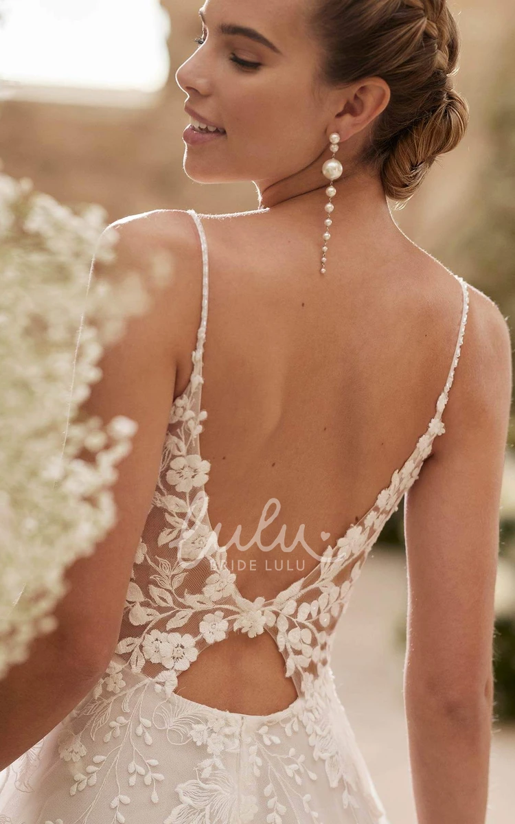 Whimsical Floral Boho A-Line Lace Plunging Neckline Wedding Dress Ethereal Modern Spaghetti Strap Backless Bridal Gown