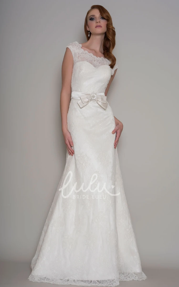 Sheath Lace Scoop-Neck Wedding Dress with Bow Long Bowed Bridal Gown